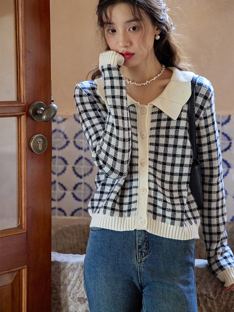 Black ink plaid knit cardigan