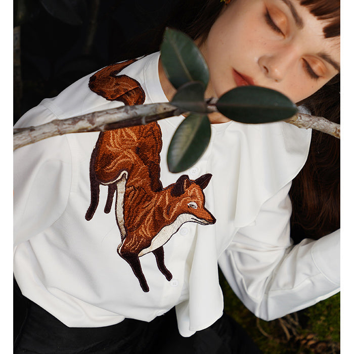 ハンドメイド狐デザイントップスシャツ ハンドメイド狐デザイントップスシャツ イタリア製シルクアロハシャツ