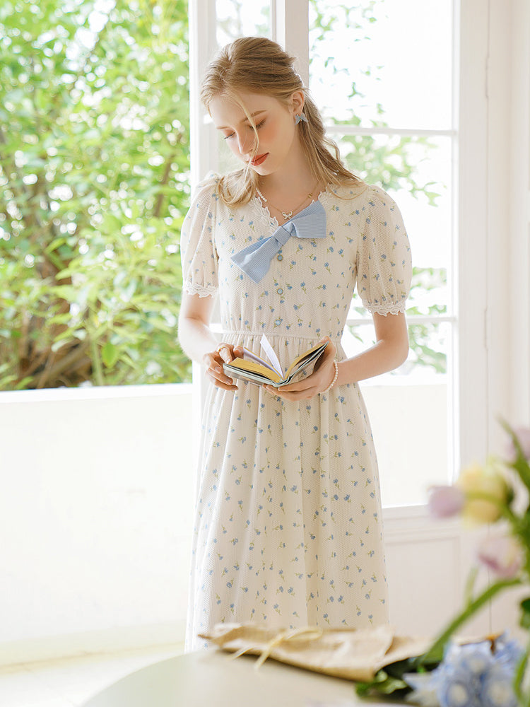 Forget-me-not floral ribbon French dress 