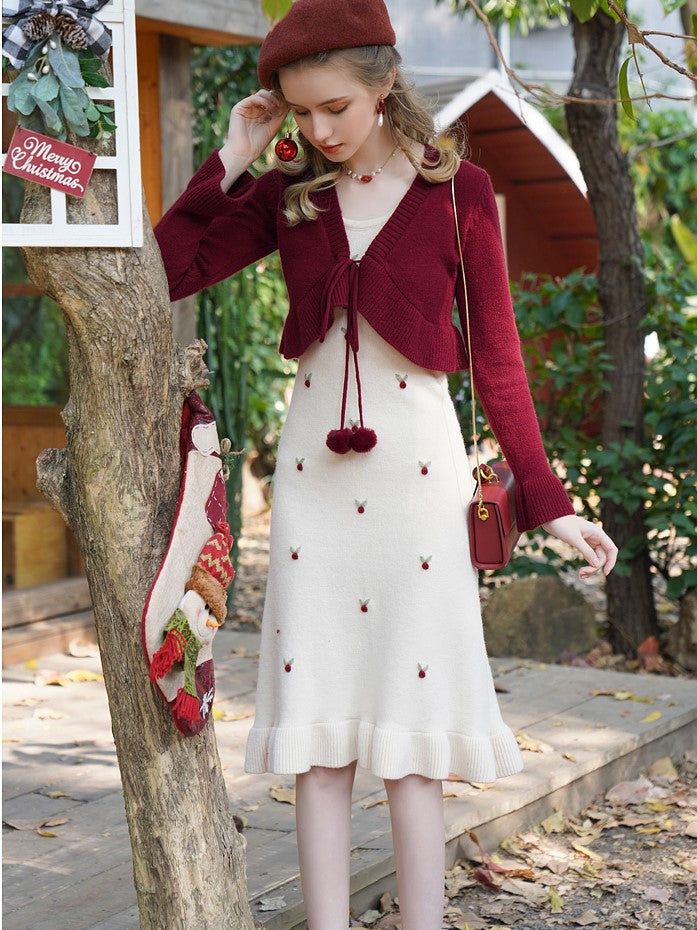 Modest maiden flower embroidery camisole knit dress and crimson cardigan 