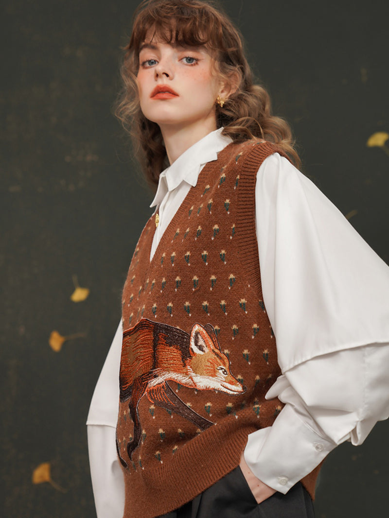red fox embroidered knit vest