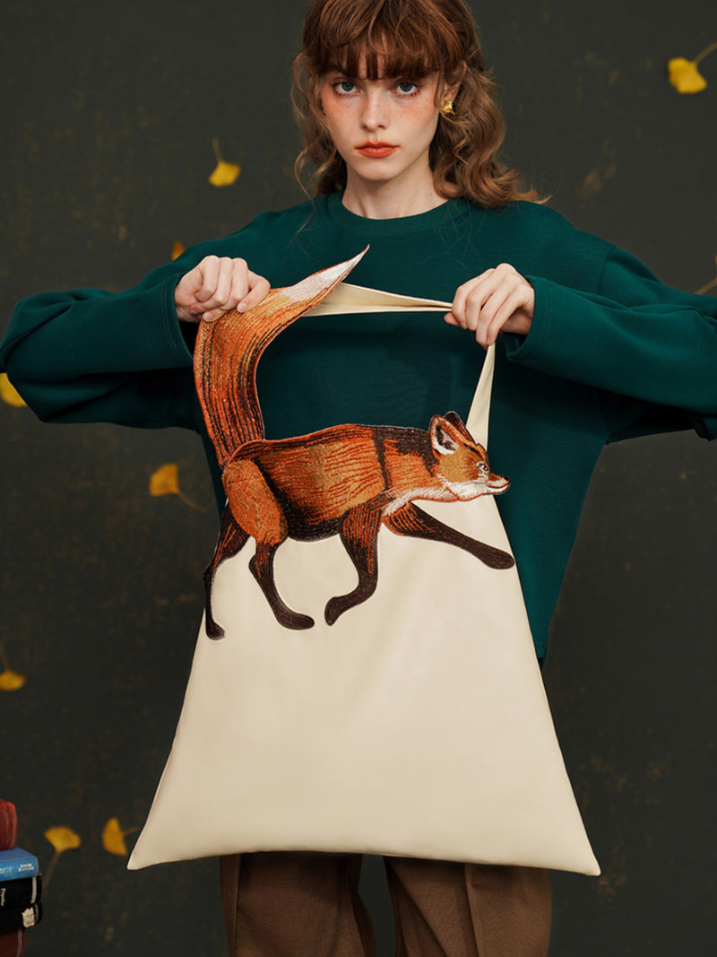 red fox embroidery tote bag