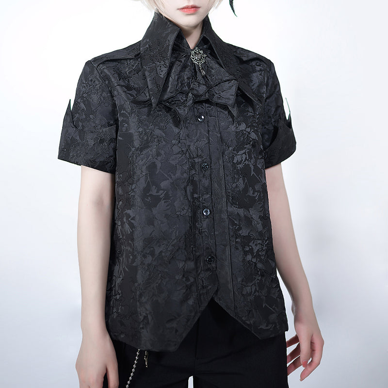 Jet black flower pattern jacquard blouse