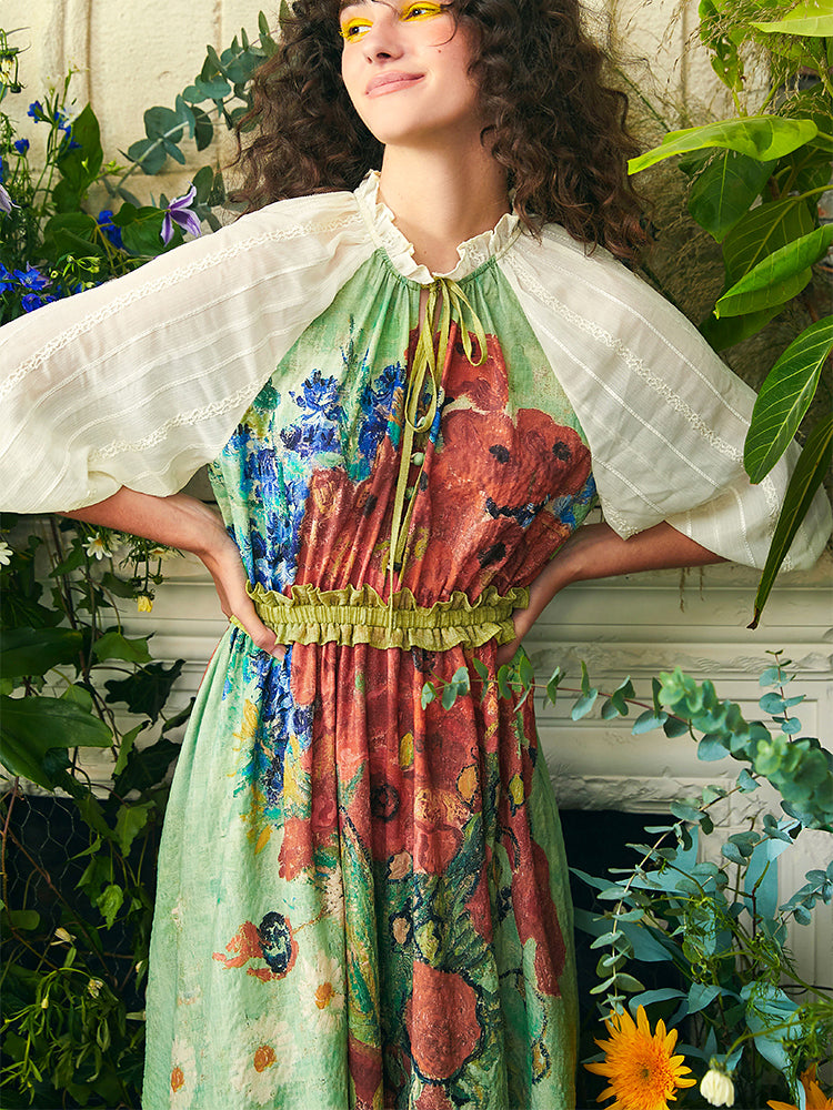 Long dress with daisies and poppies in a vase and cornflowers and poppies in a vase