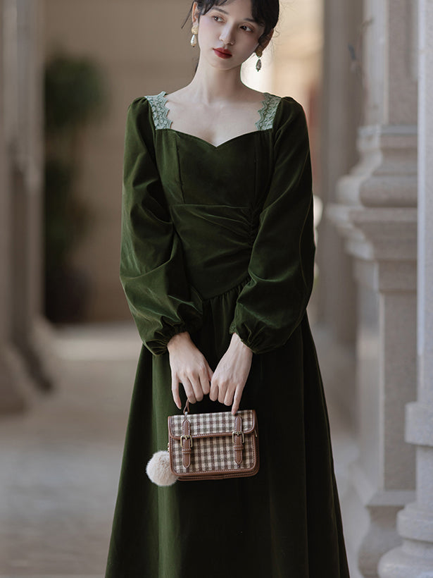 Ink green lady's embroidered velvet dress