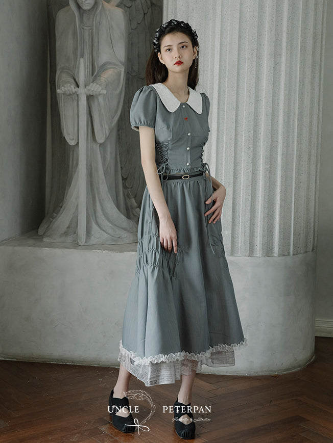 Gray blue lady's braided short top and long skirt