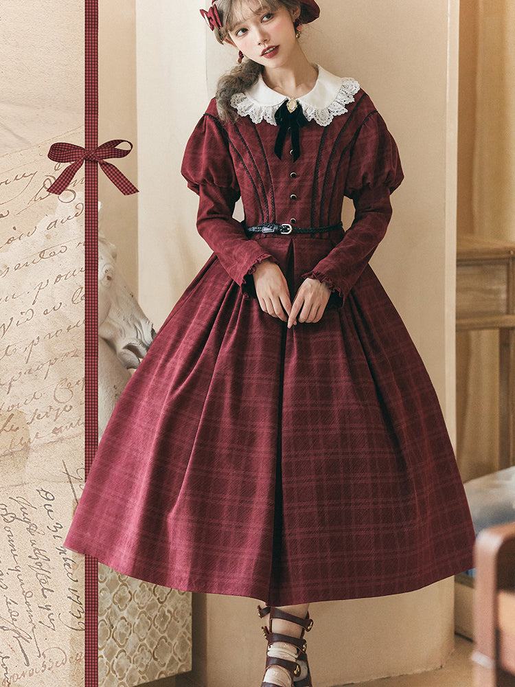 Crimson plaid princess classical dress