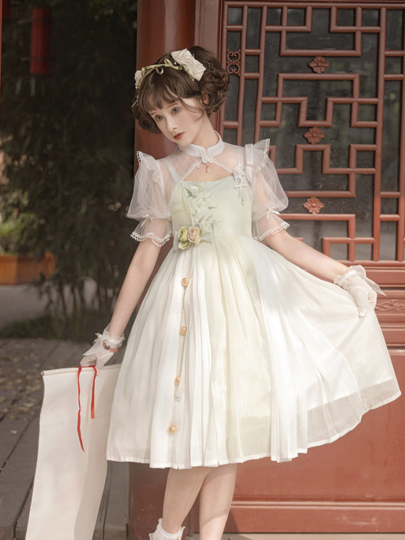 薄緑の百合の花刺繍ジャンパースカートとショートボレロ