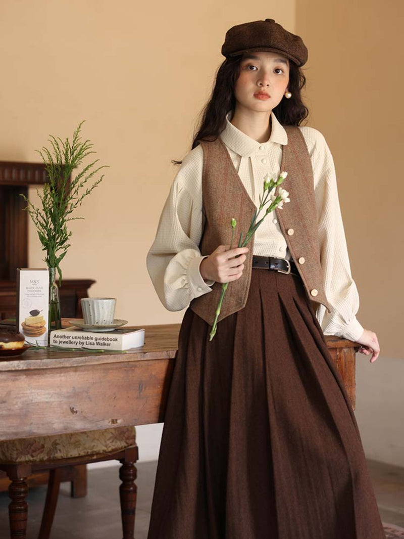 dark brown literary tweed pleated skirt
