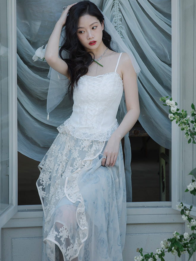 Ink painting flower pattern top and embroidered tulle skirt