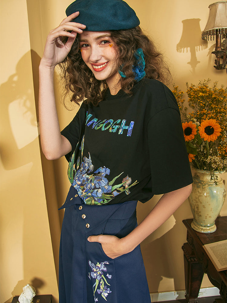 Still life t-shirt with sunflowers and irises in a vase