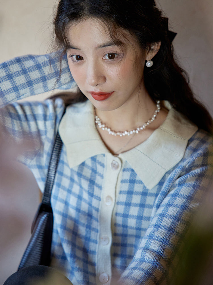 Forget-me-not plaid knit cardigan