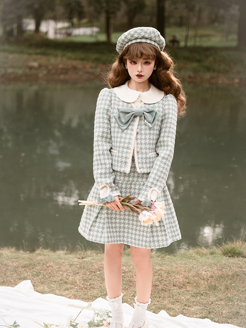 Light green houndstooth ribbon jacket and skirt