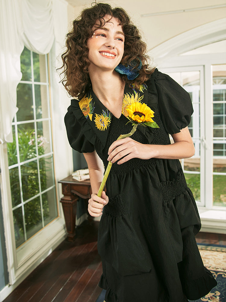 Embroidered vase dress with sunflowers and gladiolus