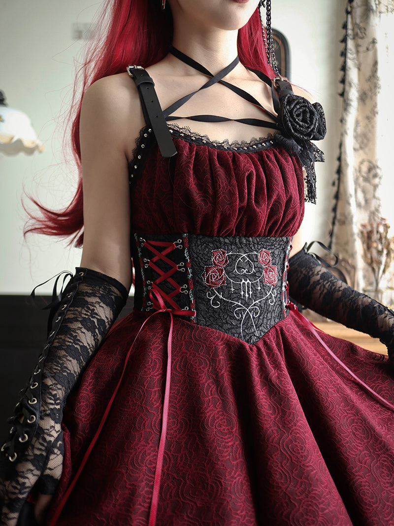 Dark Rose Embroidered Corset Jumper Skirt -Long Ver.