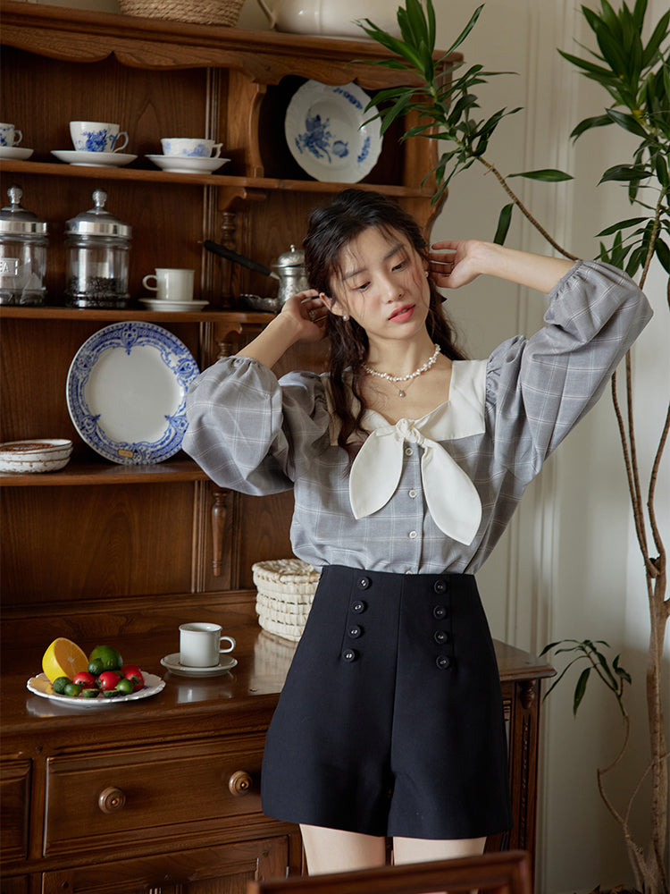 Light ink plaid retro blouse