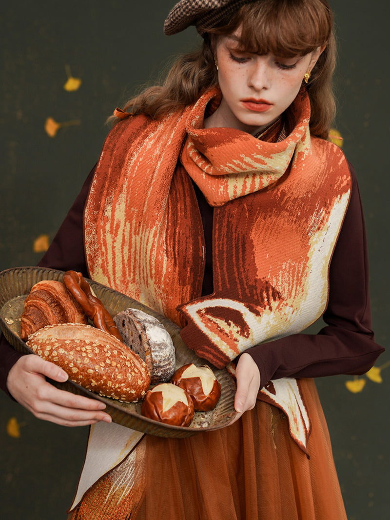 hand painted red fox long scarf