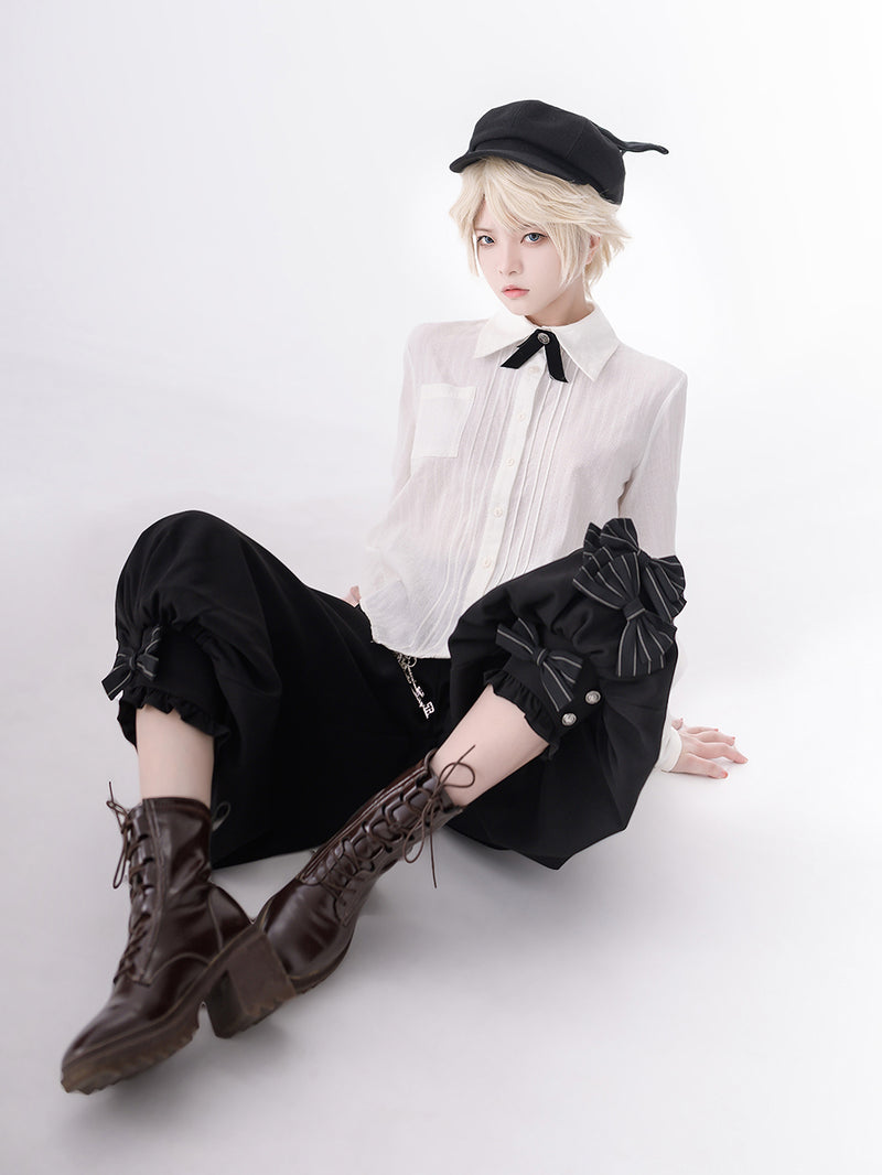 Black butler ribbon vest, cropped pants and pleated blouse