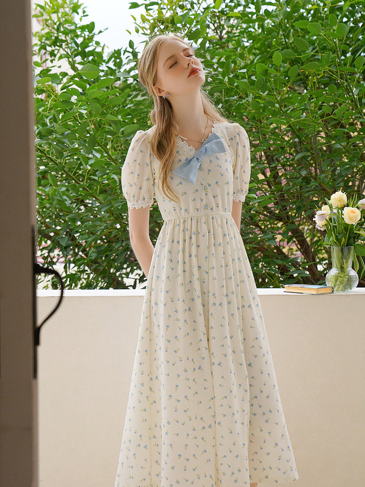 Forget-me-not floral ribbon French dress 