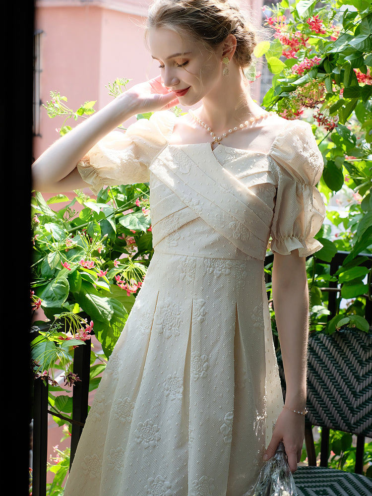White rose flower pattern French dress 