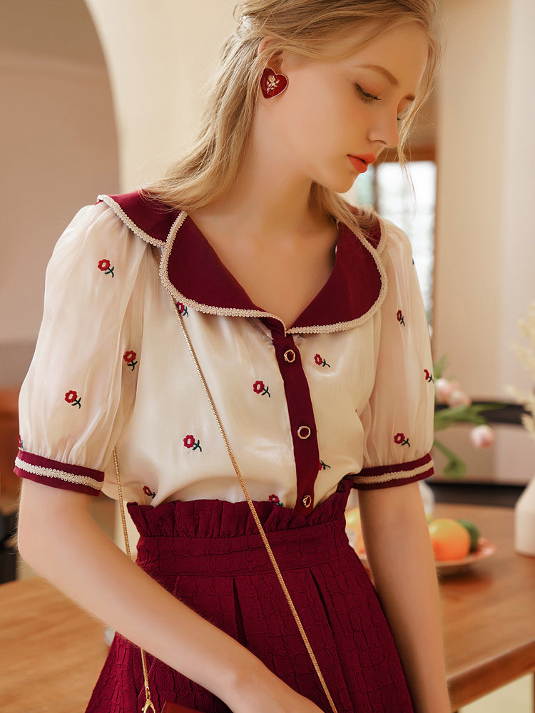 Red flower embroidery French blouse