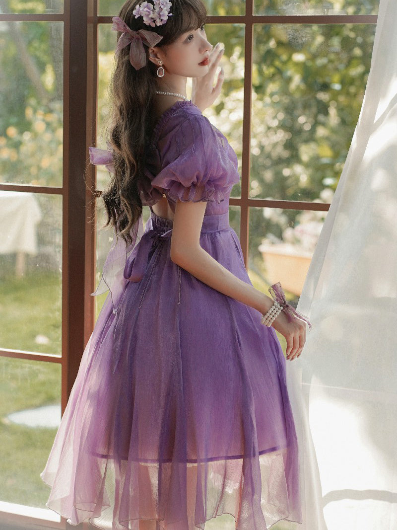 Elegant ribbon dress for a wisteria purple lady