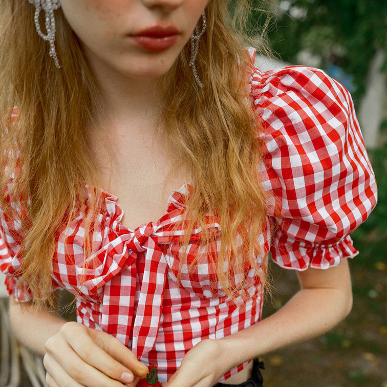 red plaid french blouse