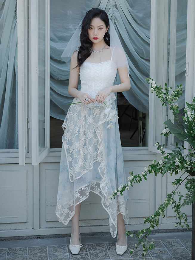 Ink painting flower pattern top and embroidered tulle skirt