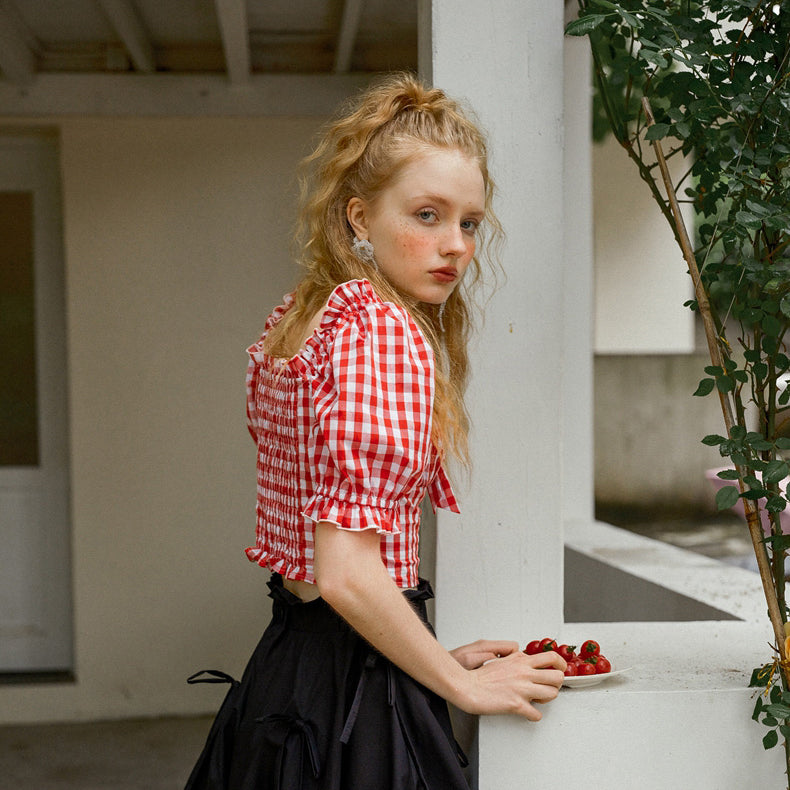 red plaid french blouse
