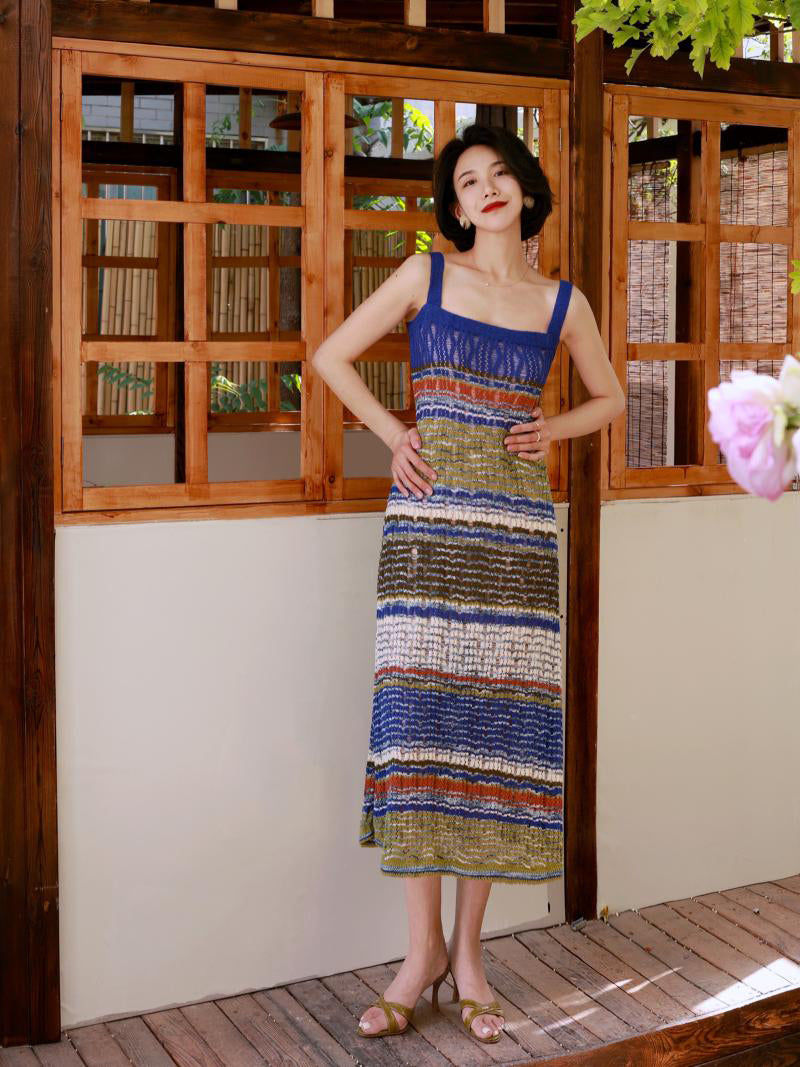 Ultramarine oil painting knit camisole dress