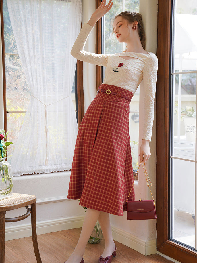 Rose petal embroidered top and madder plaid skirt 