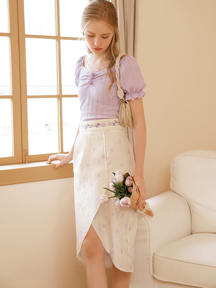 Light purple petal top and floral embroidered tulip skirt 