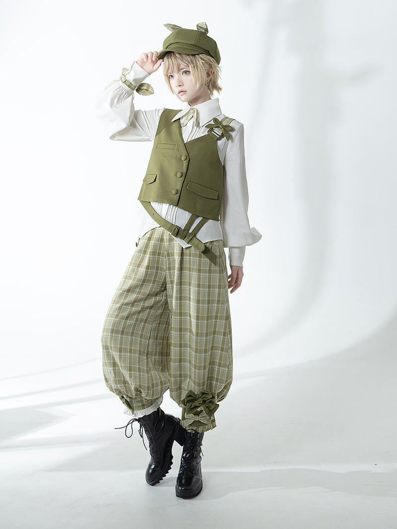 Secret Detective Ribbon Vest, Cropped Pants and Pleated Blouse (Moss Green) [Planned to be shipped from early June to late June 2023]