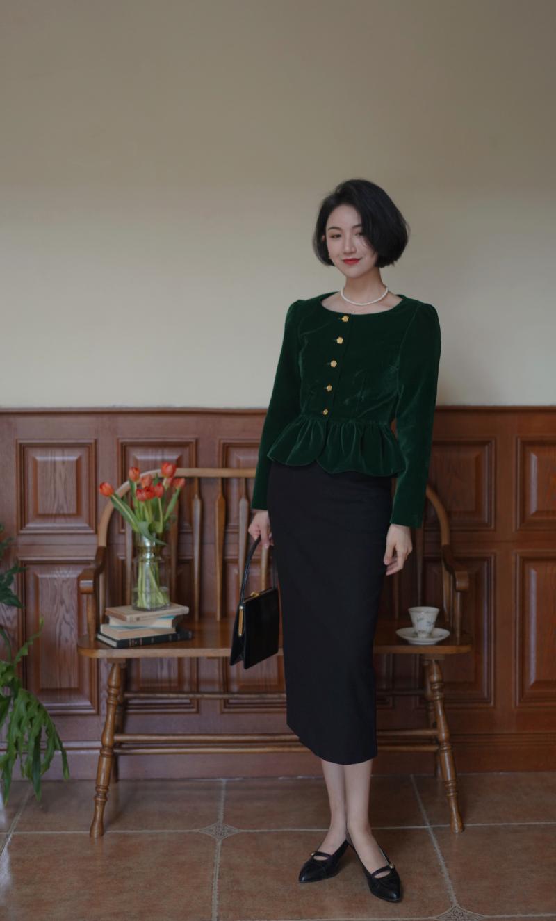 Ink Green Lady Velvet Short Jacket