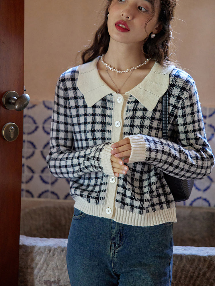 Black ink plaid knit cardigan