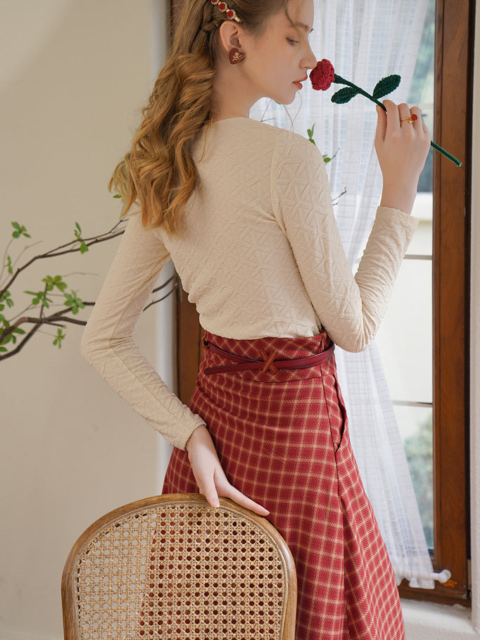 Rose petal embroidered top and madder plaid skirt 