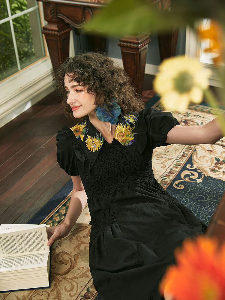 Embroidered vase dress with sunflowers and gladiolus