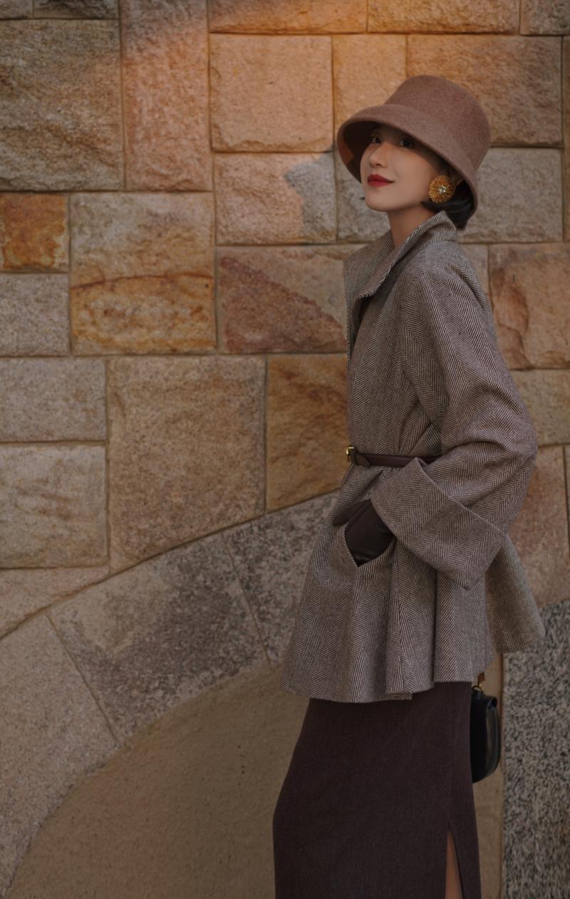 Gray brown lady herringbone wool coat