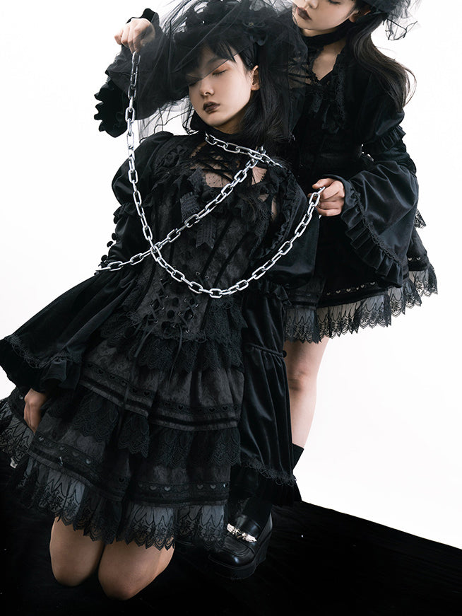Black witch embroidery jacquard top and bolero and skirt