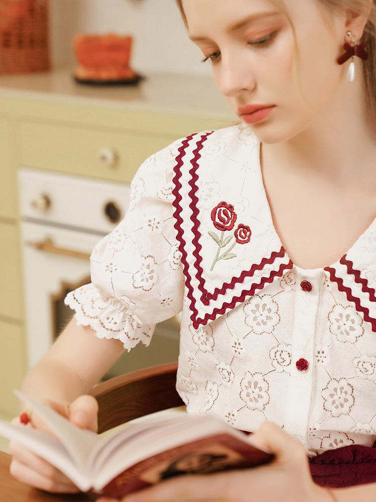 French blouse with red camellia embroidery 