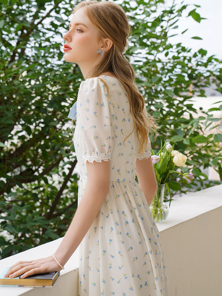 Forget-me-not floral ribbon French dress 