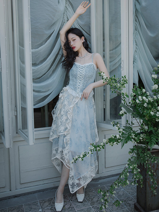 Ink painting flower pattern top and embroidered tulle skirt