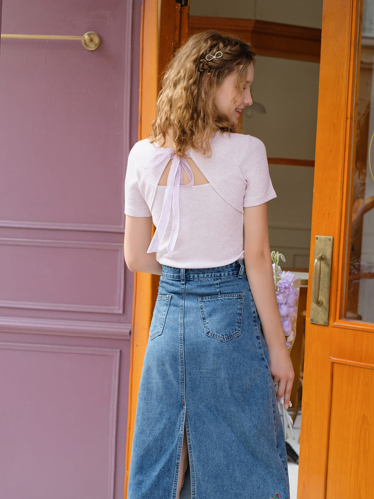 Floral embroidery slim knit 