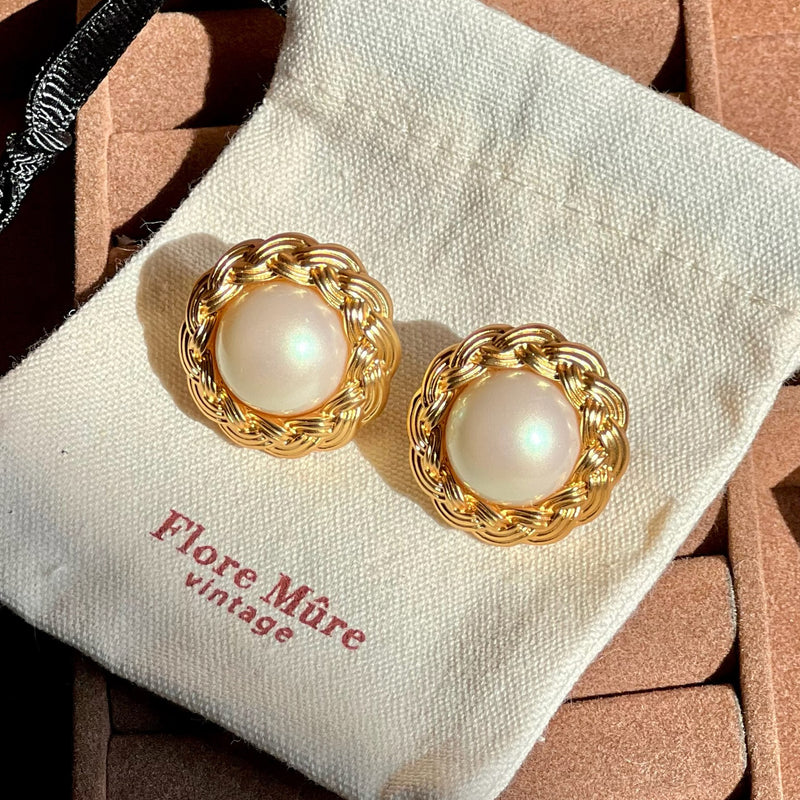 golden braid and pearl earrings