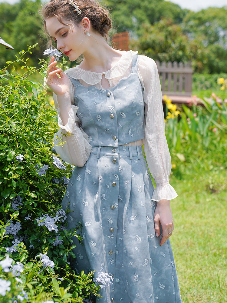 Light blue rose embroidery denim bustier and denim flared skirt and chiffon blouse