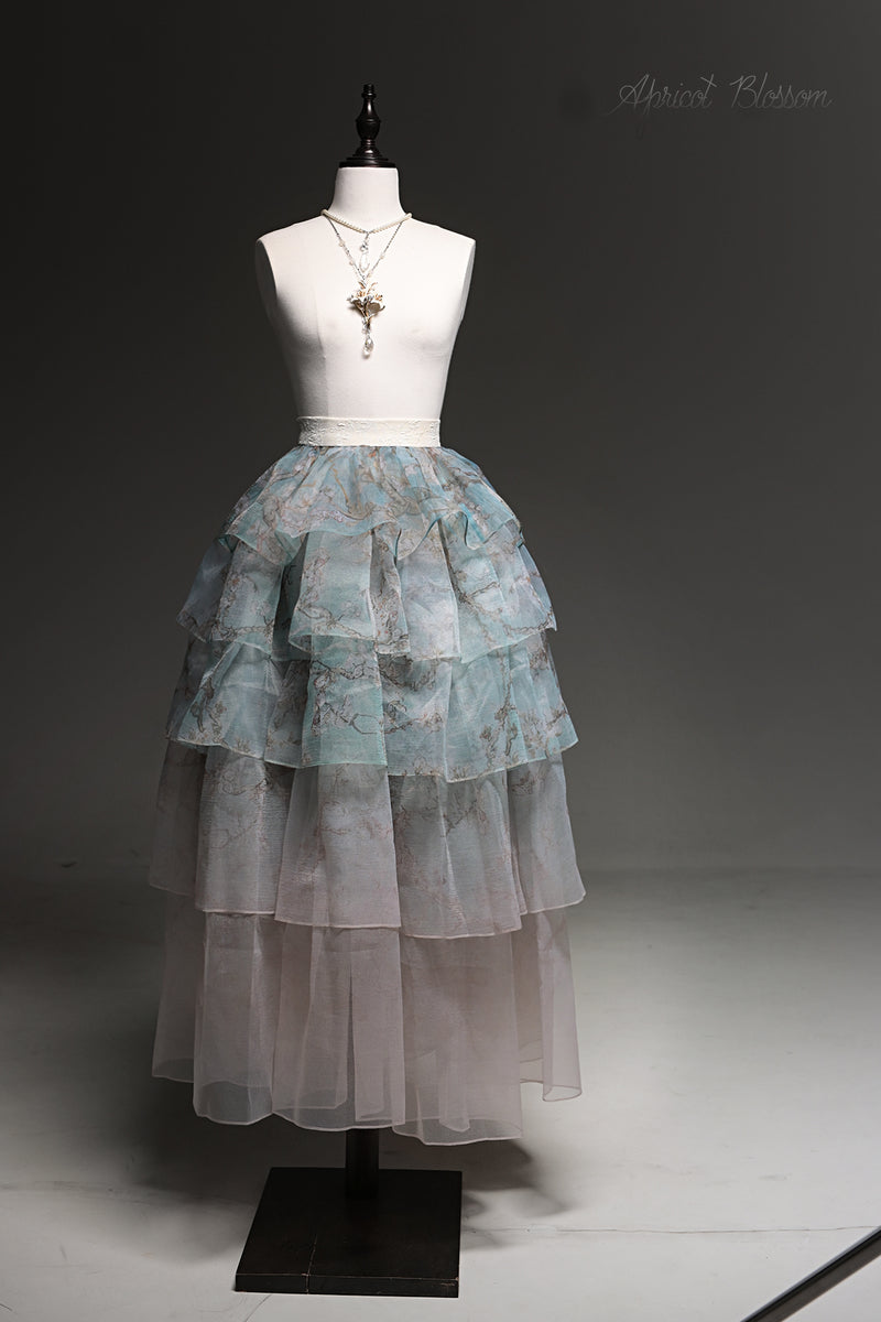 Flowering almond tree branch tiered skirt and flowering almond tree branch braided strap top [Planned to be shipped late August - early September 2023]
