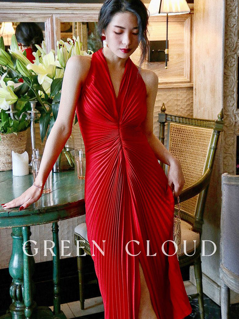 Crimson Lady Pleated Retro Dress