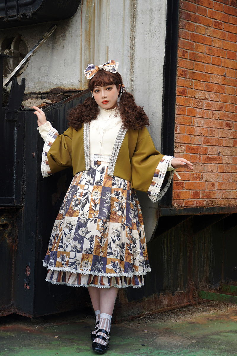 Taisho Romantic Floral Plaid Skirt
