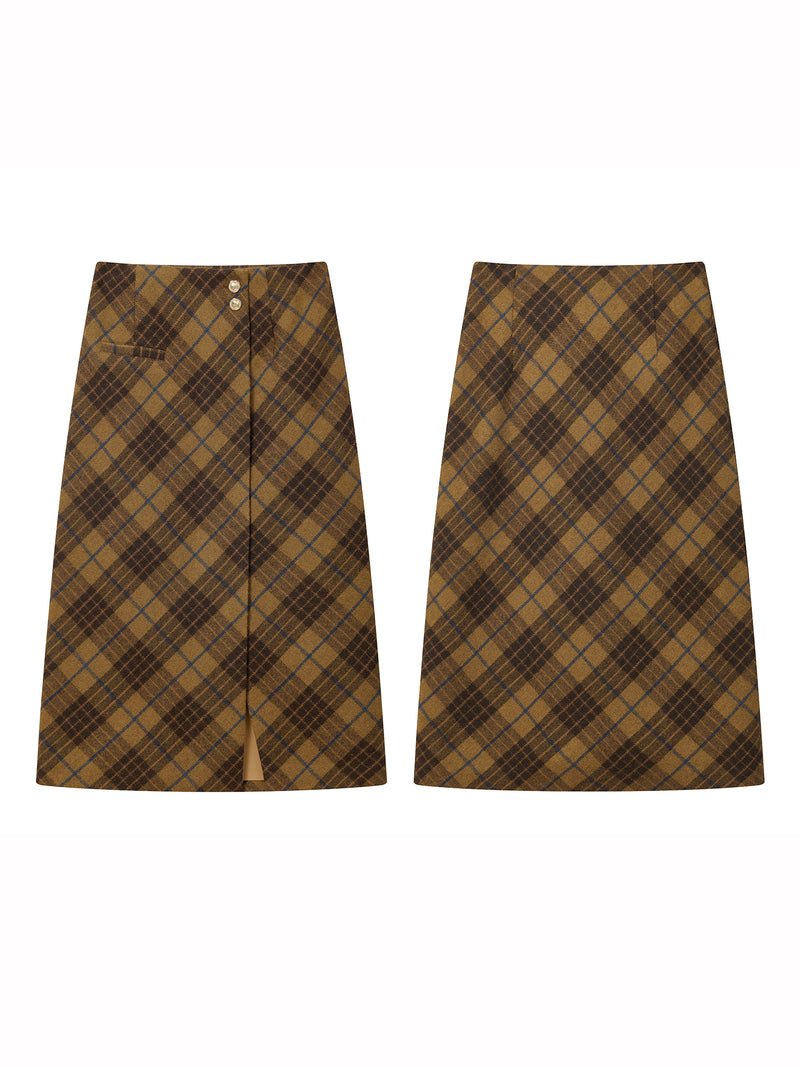 Long Wool Skirt in Autumn Plaid- Revivall Clothing