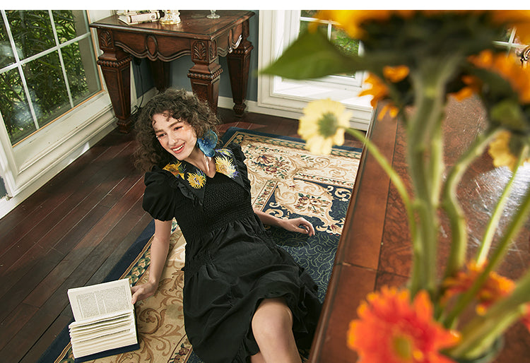 Embroidered vase dress with sunflowers and gladiolus